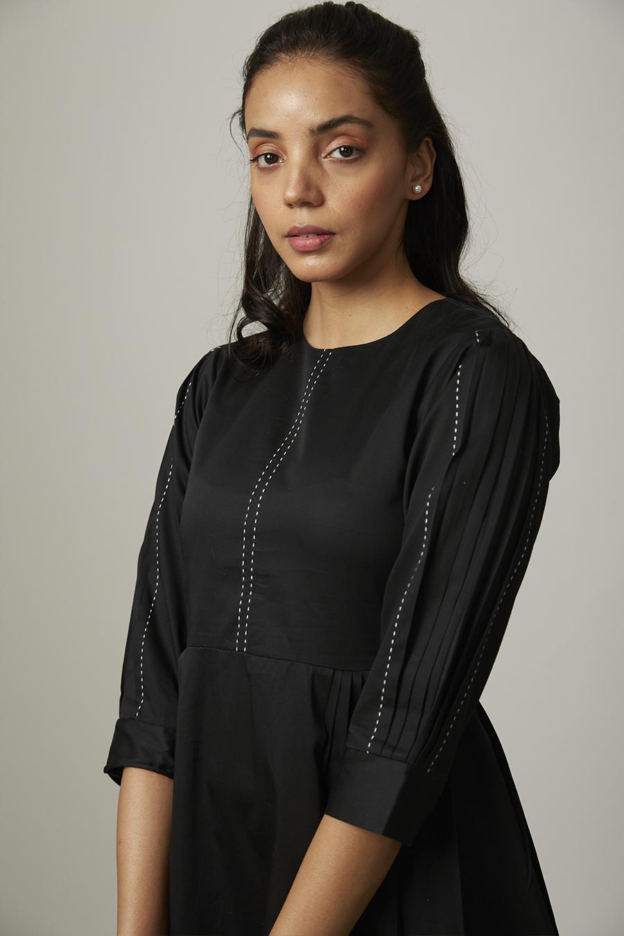 Black Pleated Kantha Stitch Dress