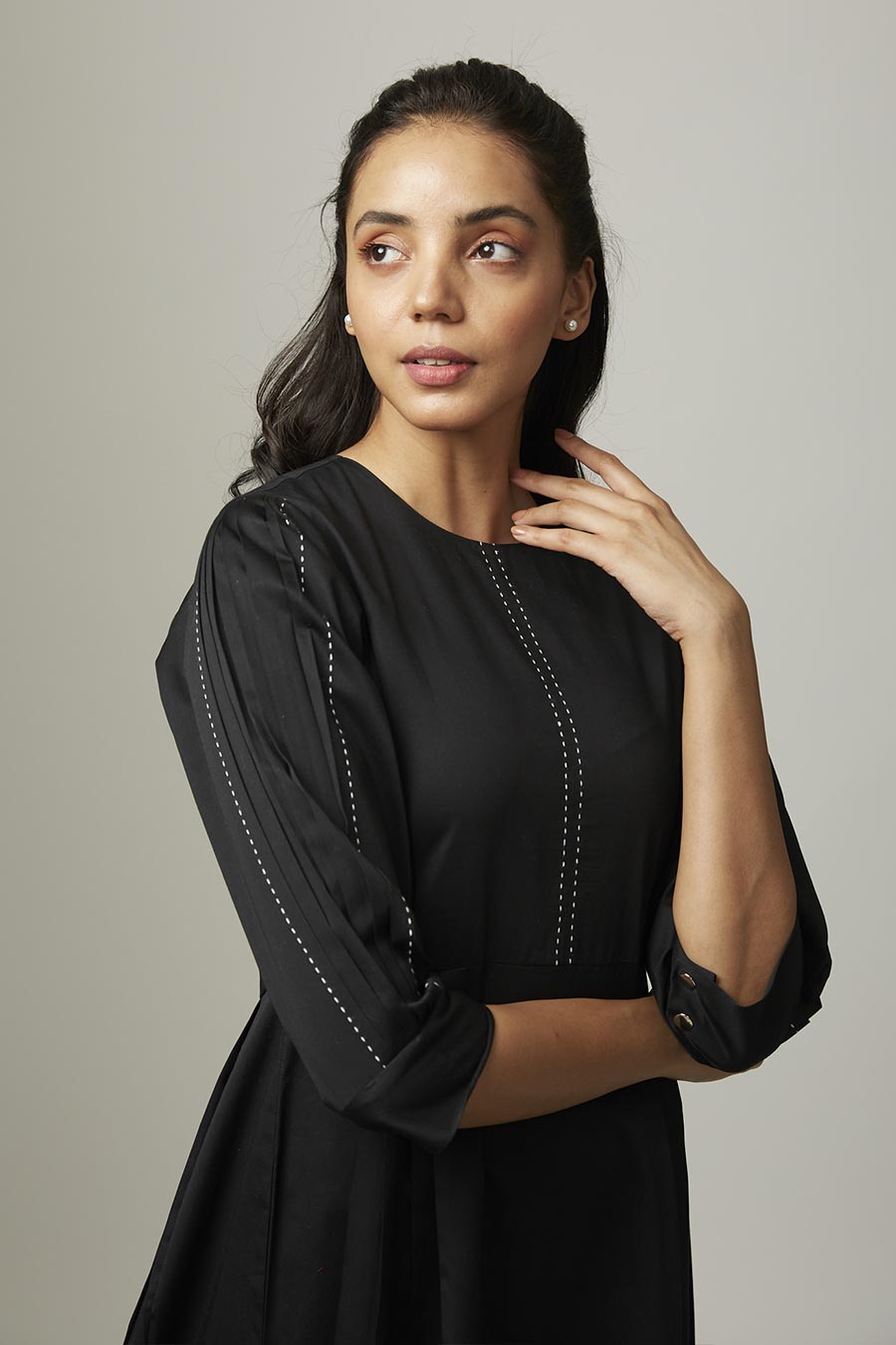 Black Pleated Kantha Stitch Dress
