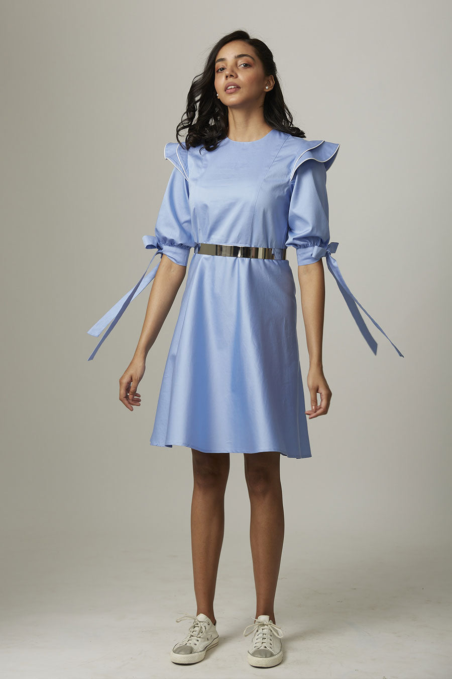 Blue Drama Flare Knotted Dress