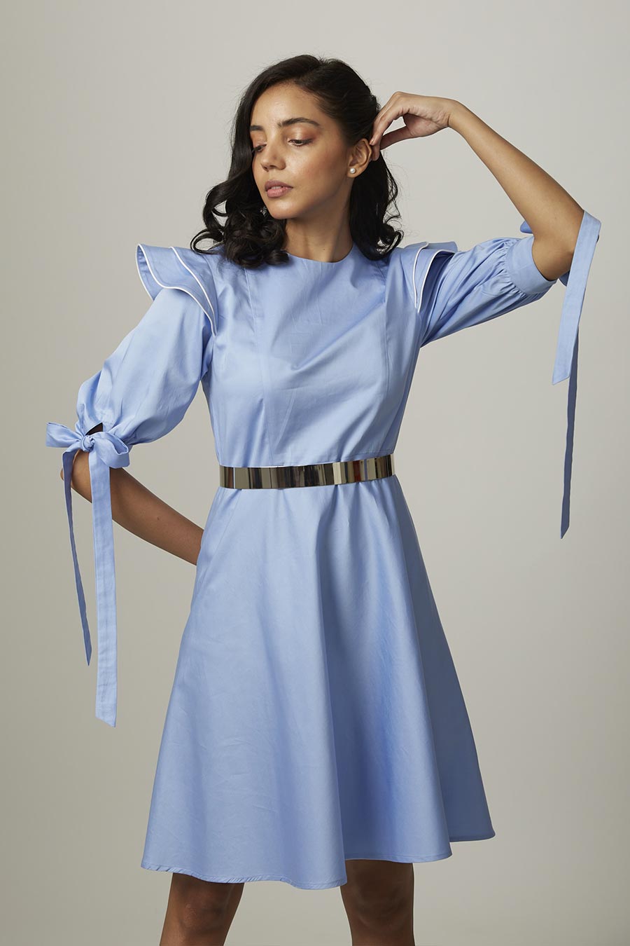 Blue Drama Flare Knotted Dress