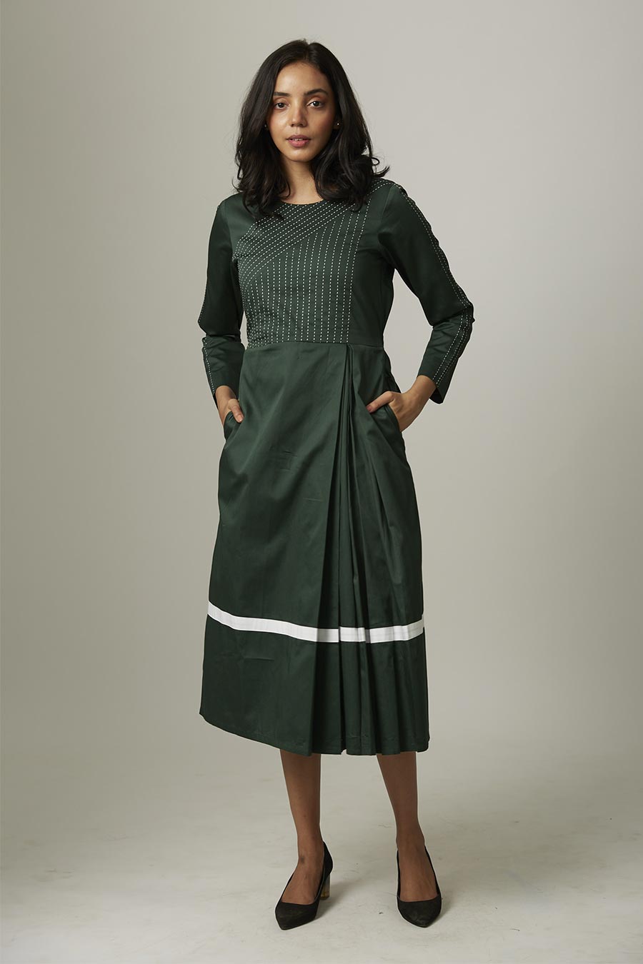 Green Pleated Kantha Stitch Dress