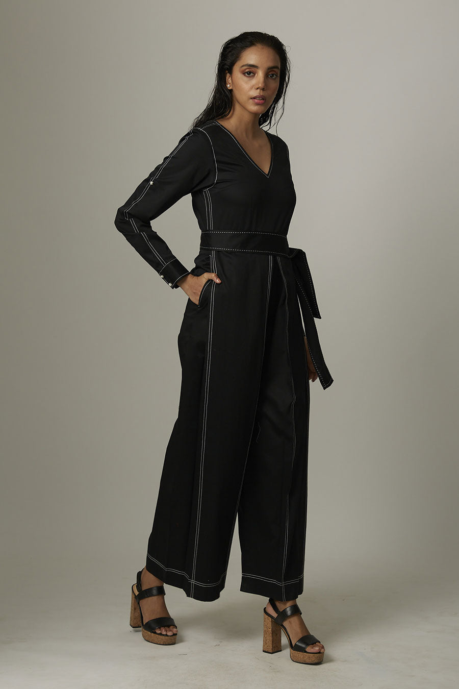 Black Kantha Stitch Box Jumpsuit