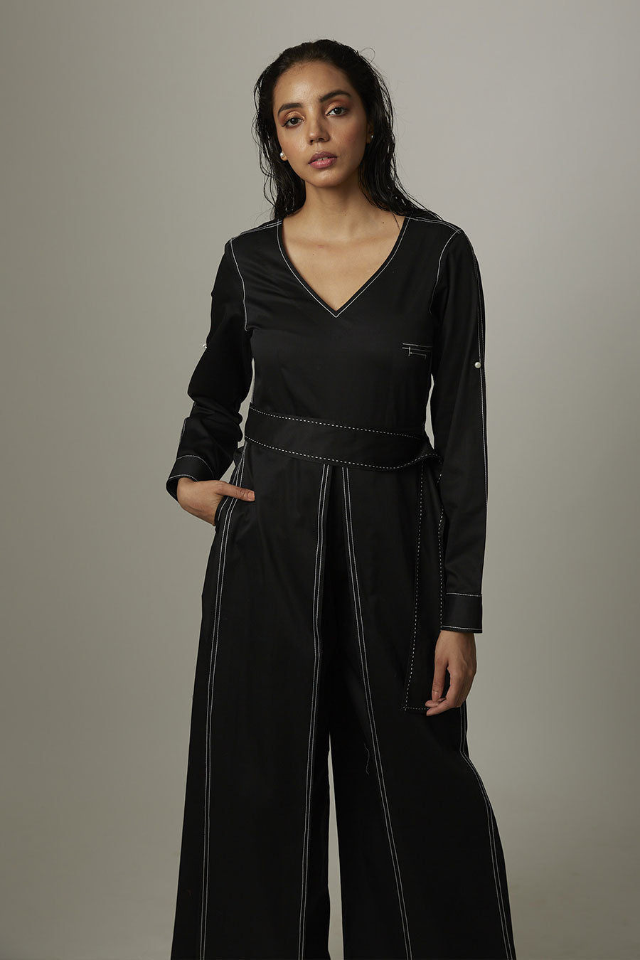 Black Kantha Stitch Box Jumpsuit