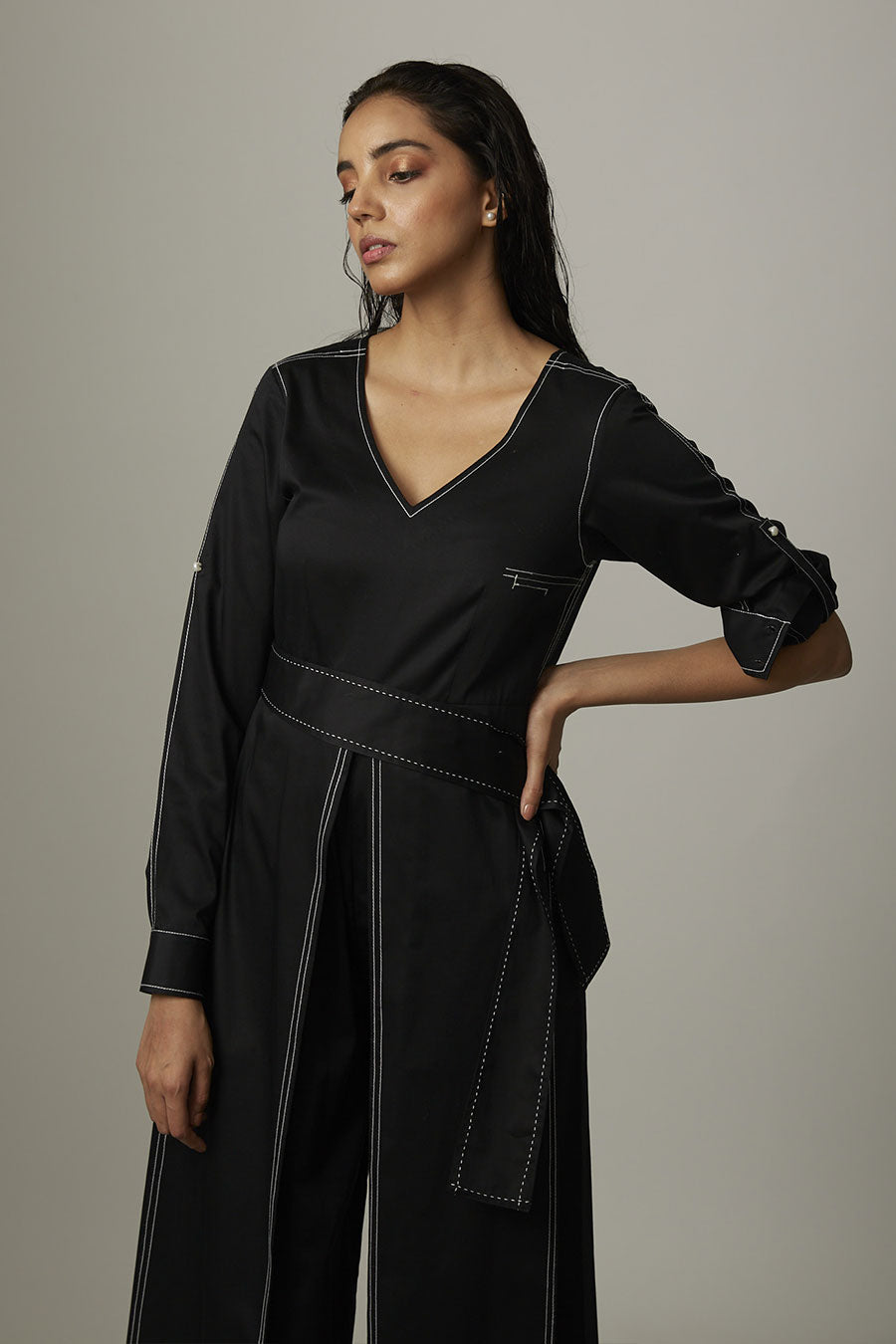 Black Kantha Stitch Box Jumpsuit