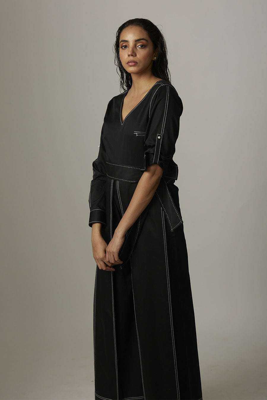 Black Kantha Stitch Box Jumpsuit