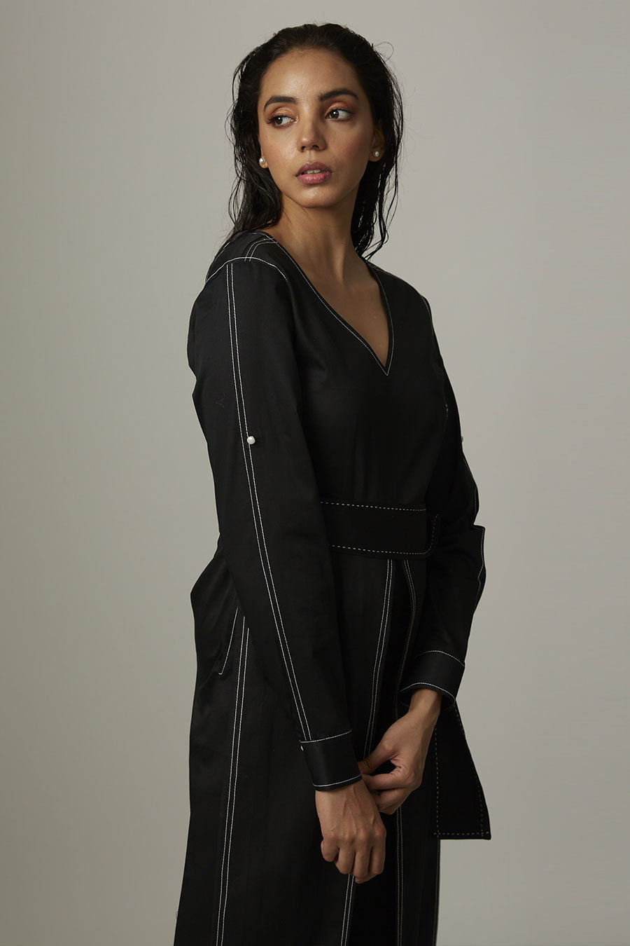 Black Kantha Stitch Box Jumpsuit