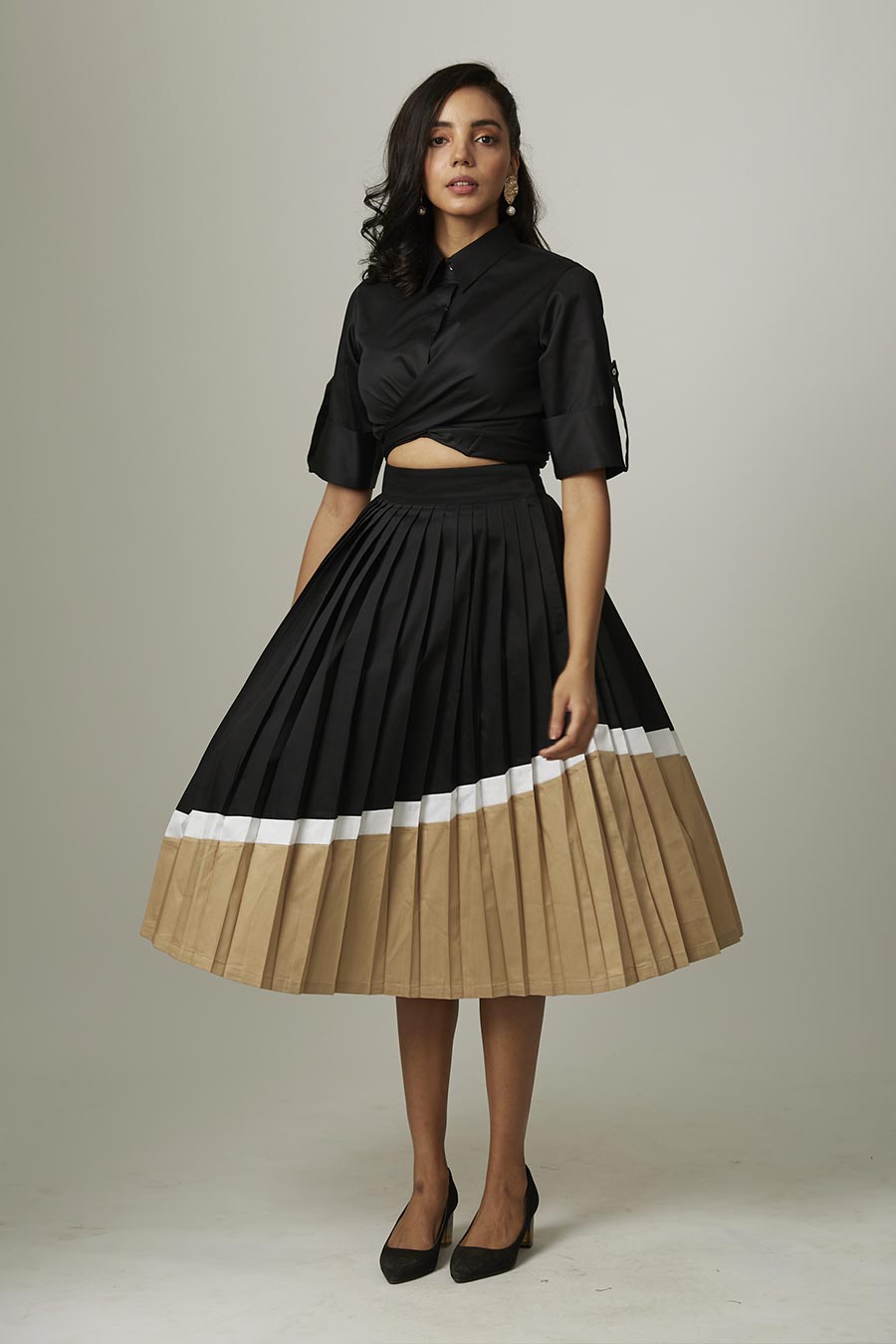 Colourblock Pleated Midi Skirt With Belt
