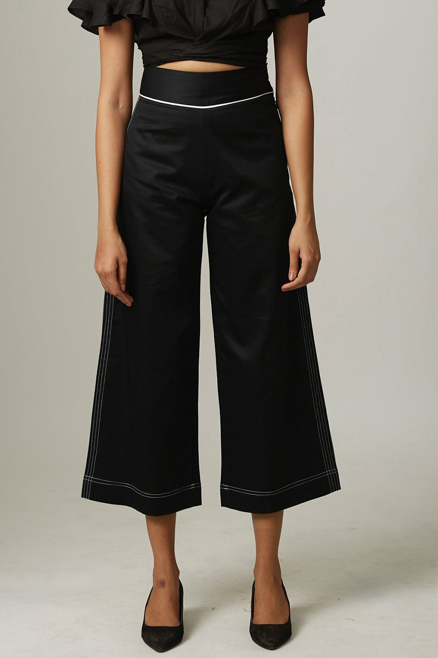 Black Kantha Stitch Culotte Pants