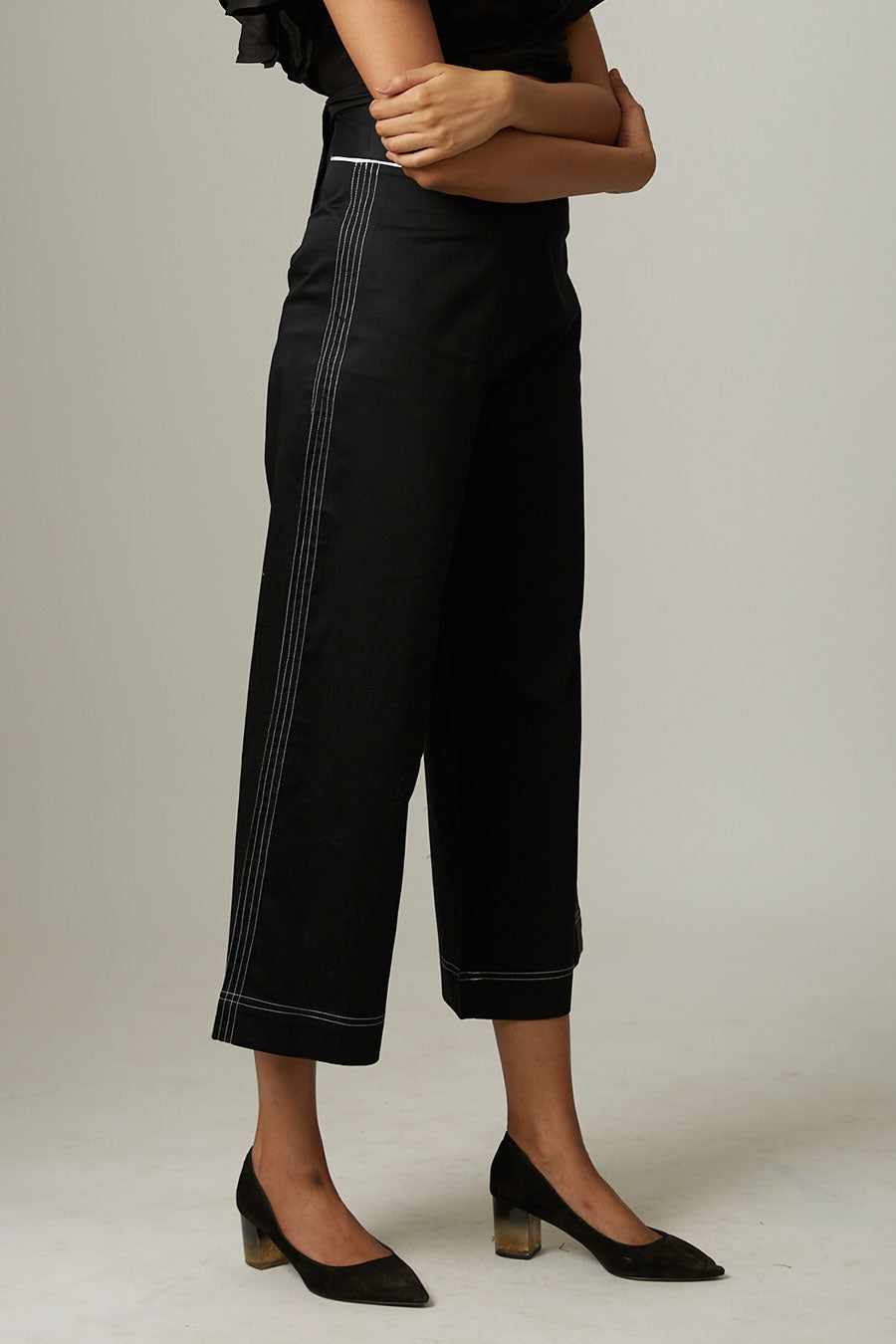 Black Kantha Stitch Culotte Pants