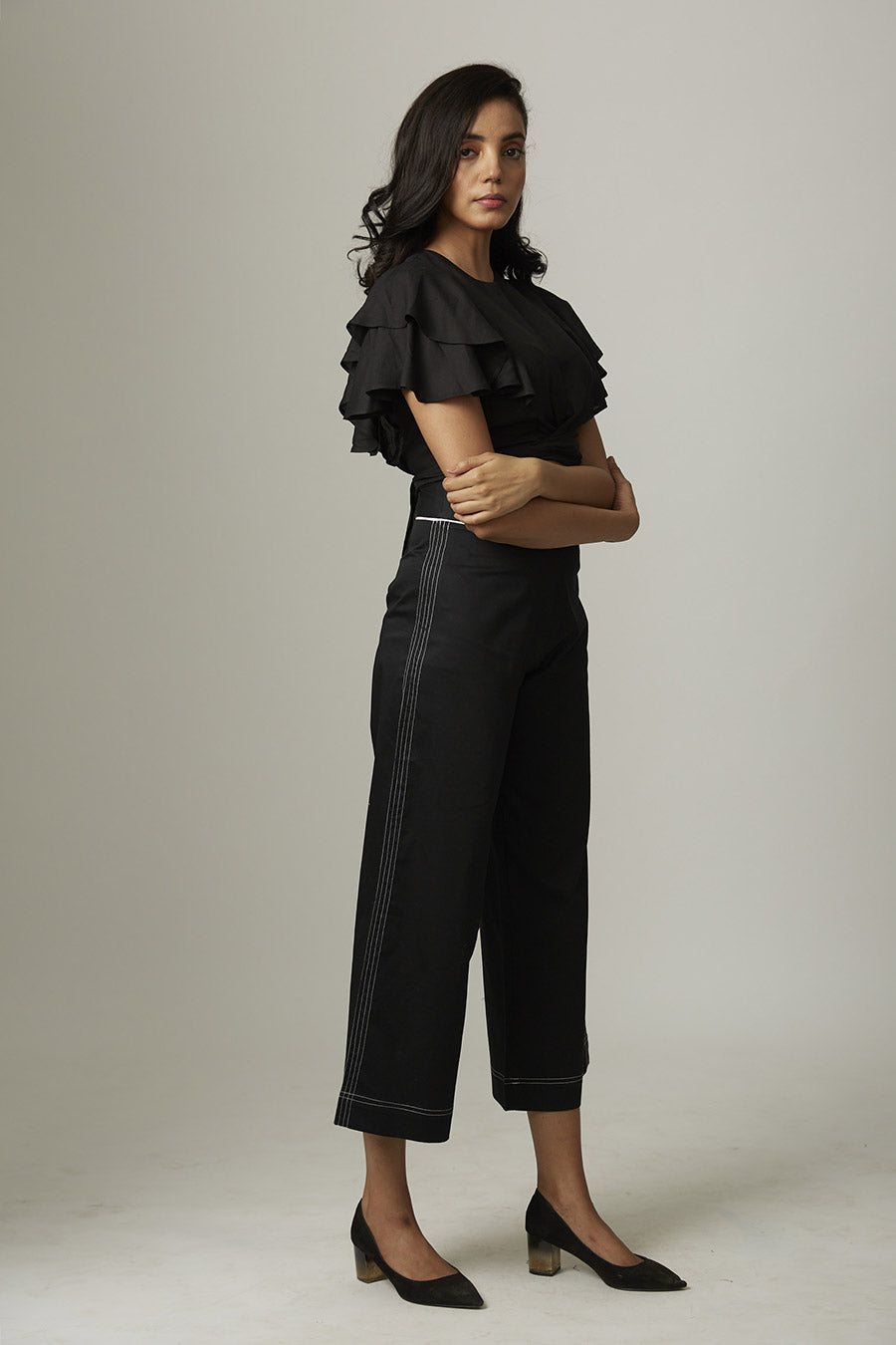 Black Kantha Stitch Culotte Pants