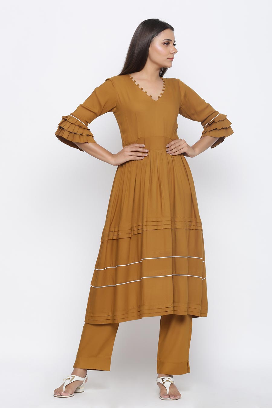 Mustard Pleated Kurta & Pants Set