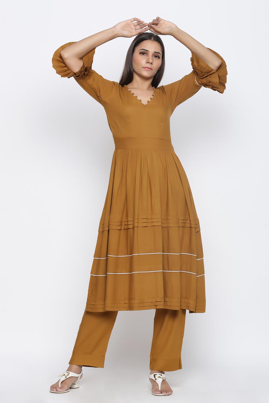 Mustard Pleated Kurta & Pants Set