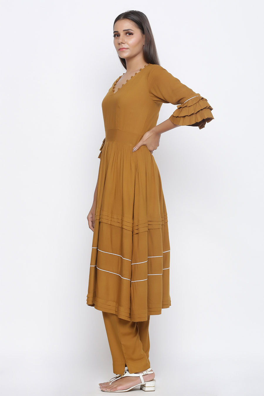 Mustard Pleated Kurta & Pants Set