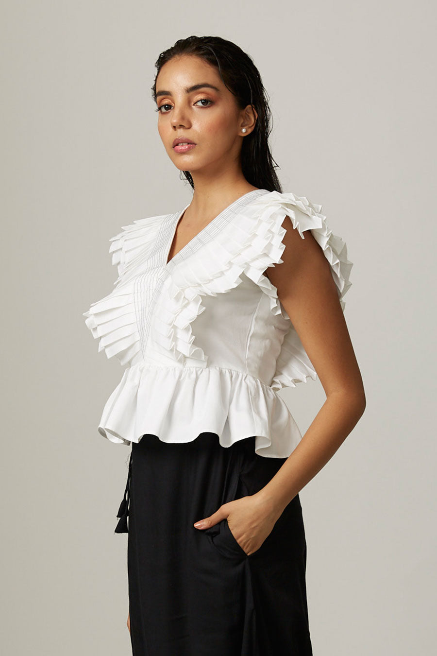 White Pleated Drama Peplum Top