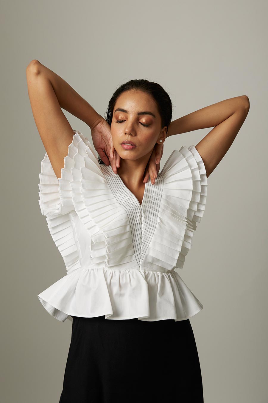 White Pleated Drama Peplum Top