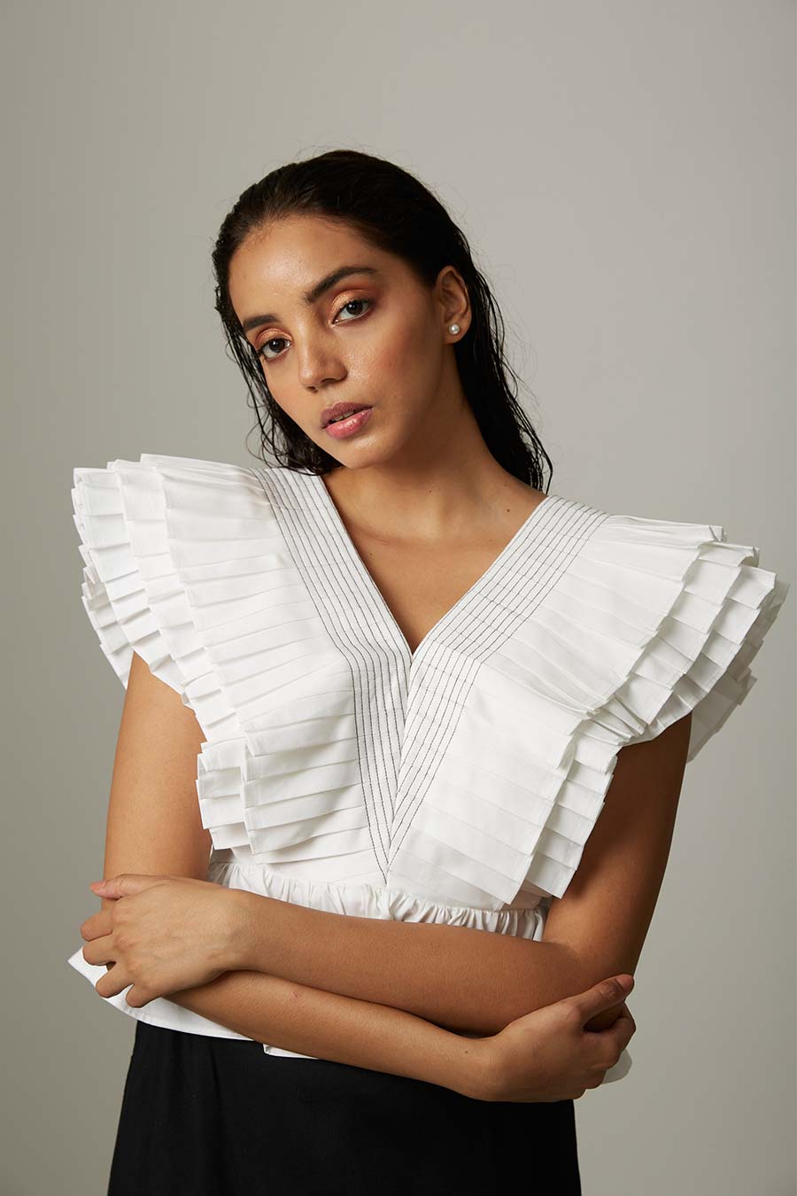 White Pleated Drama Peplum Top