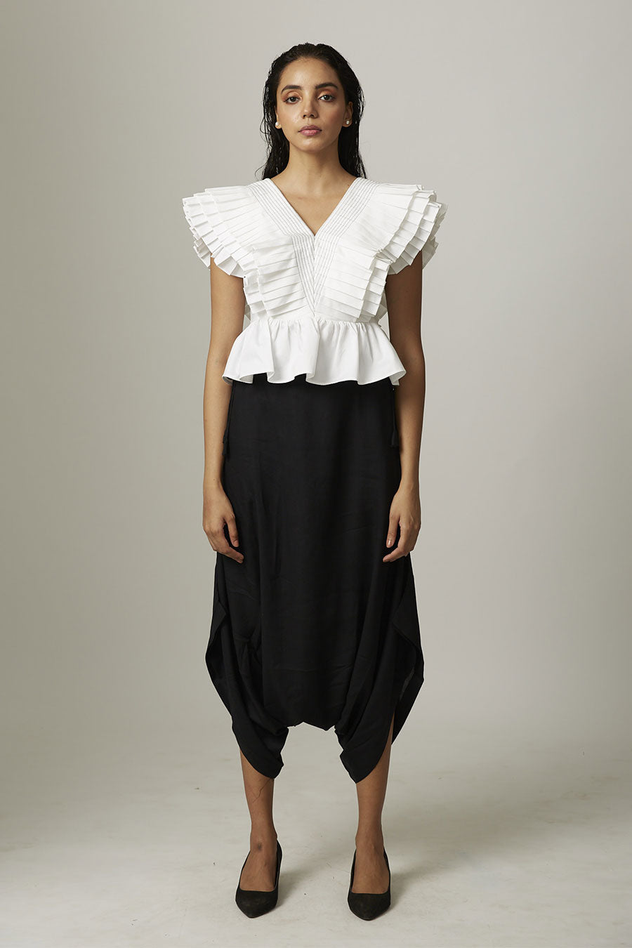 White Pleated Drama Peplum Top