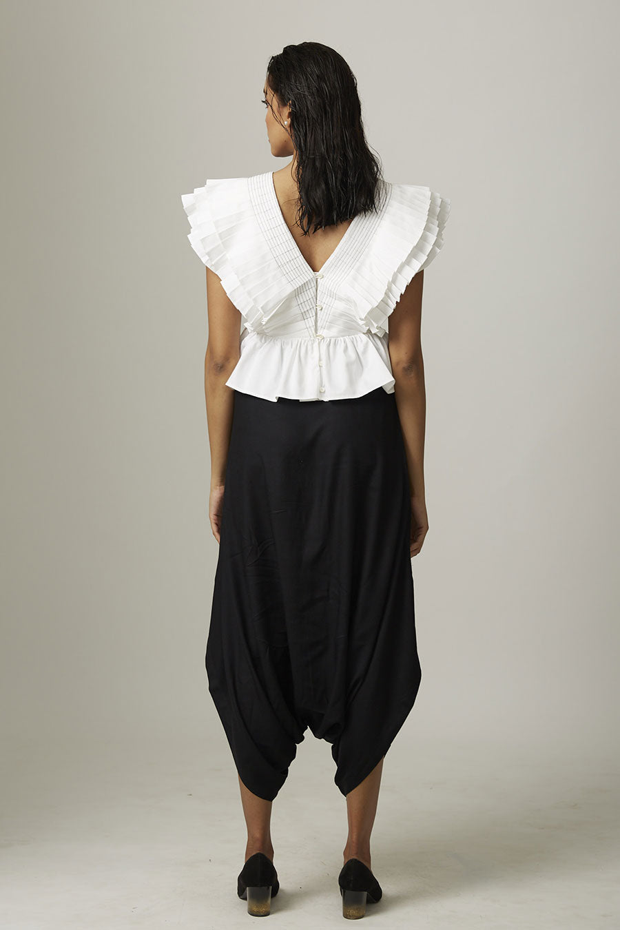 White Pleated Drama Peplum Top