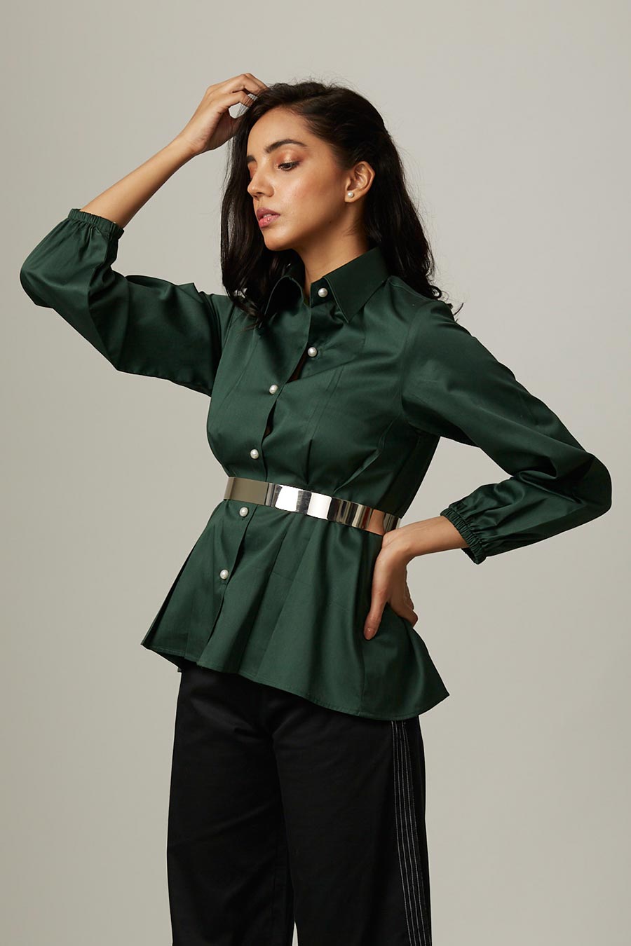 Green Tucked Waist Pearl Button Shirt