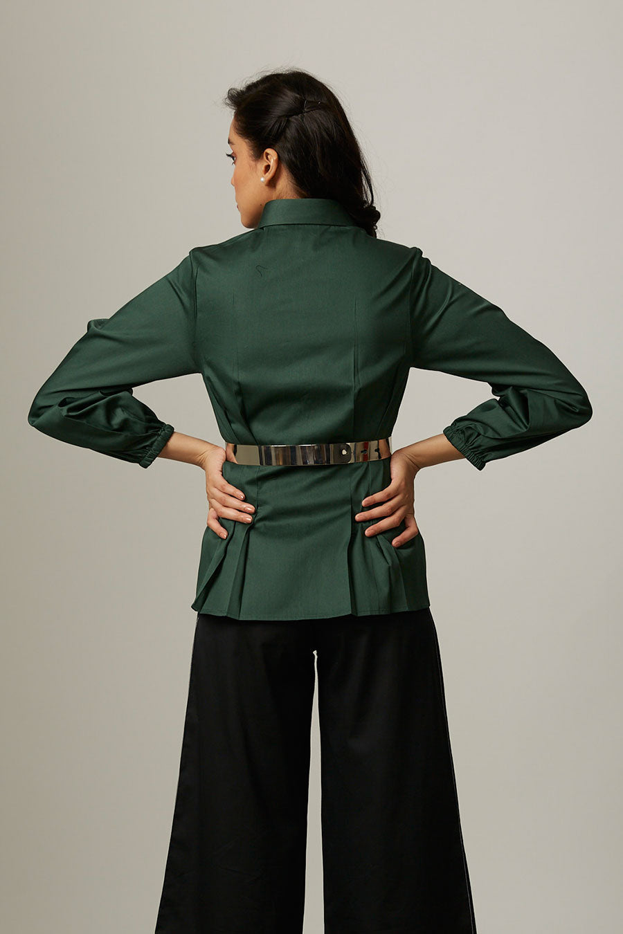 Green Tucked Waist Pearl Button Shirt