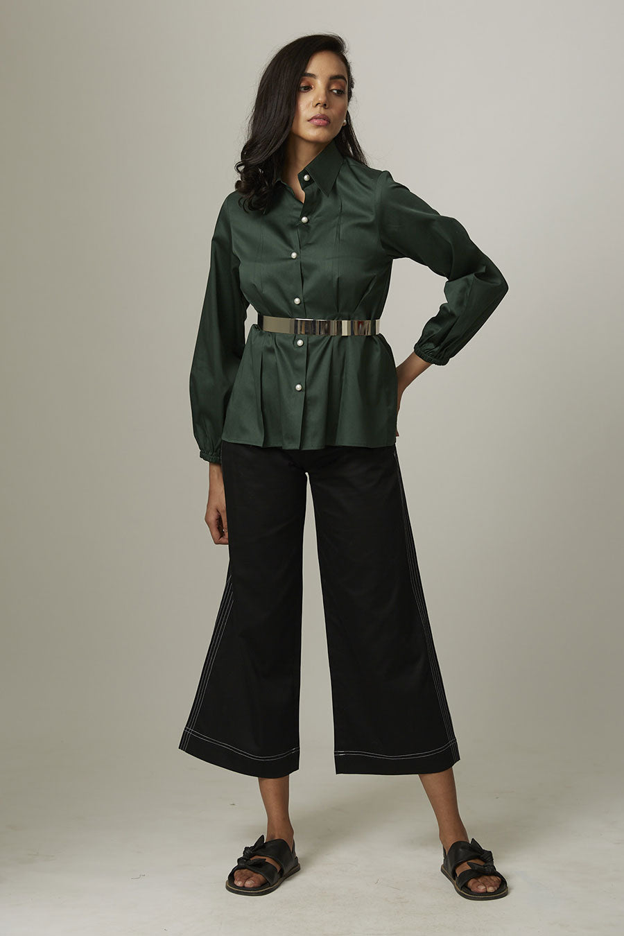 Green Tucked Waist Pearl Button Shirt