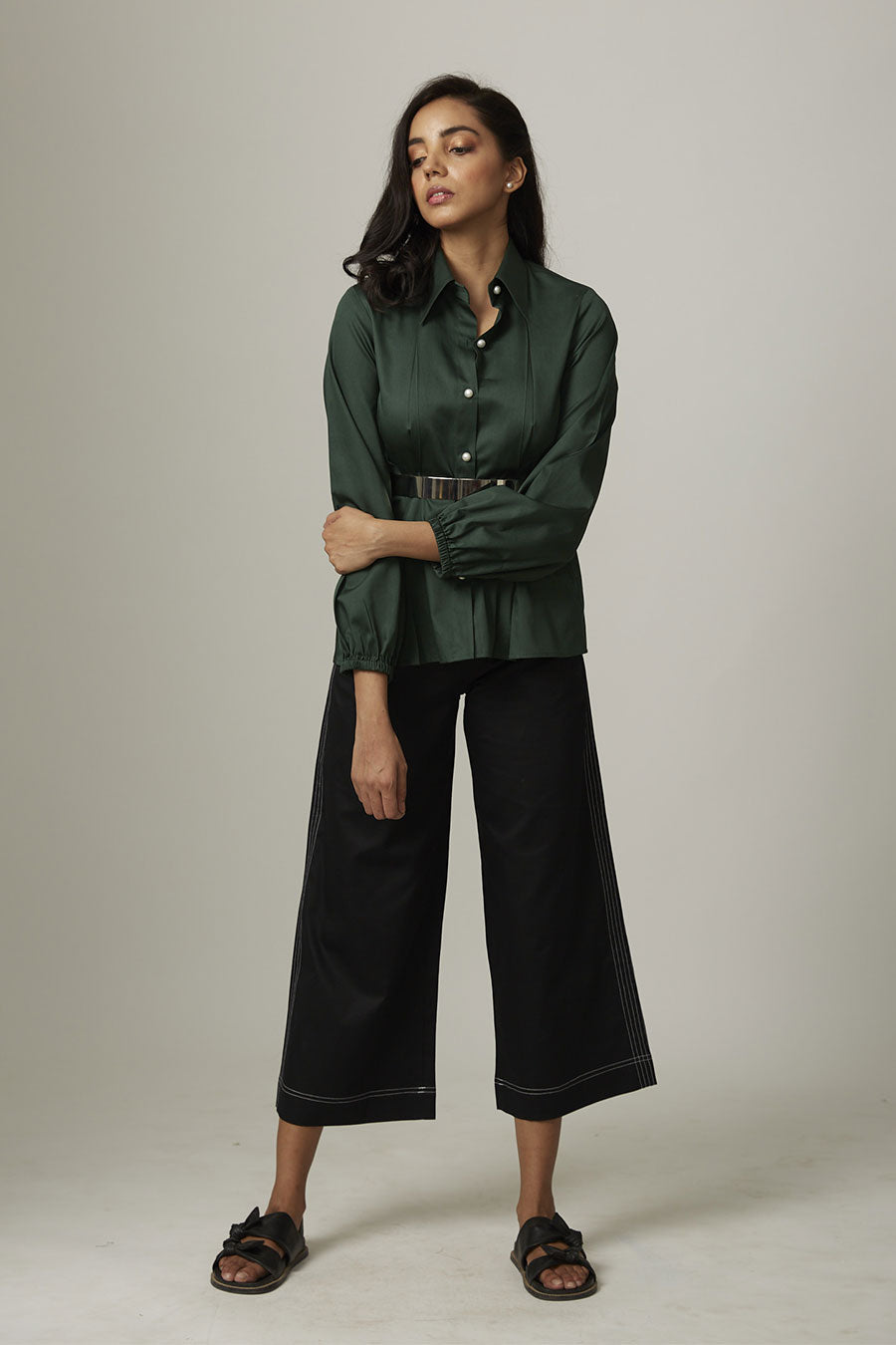 Green Tucked Waist Pearl Button Shirt