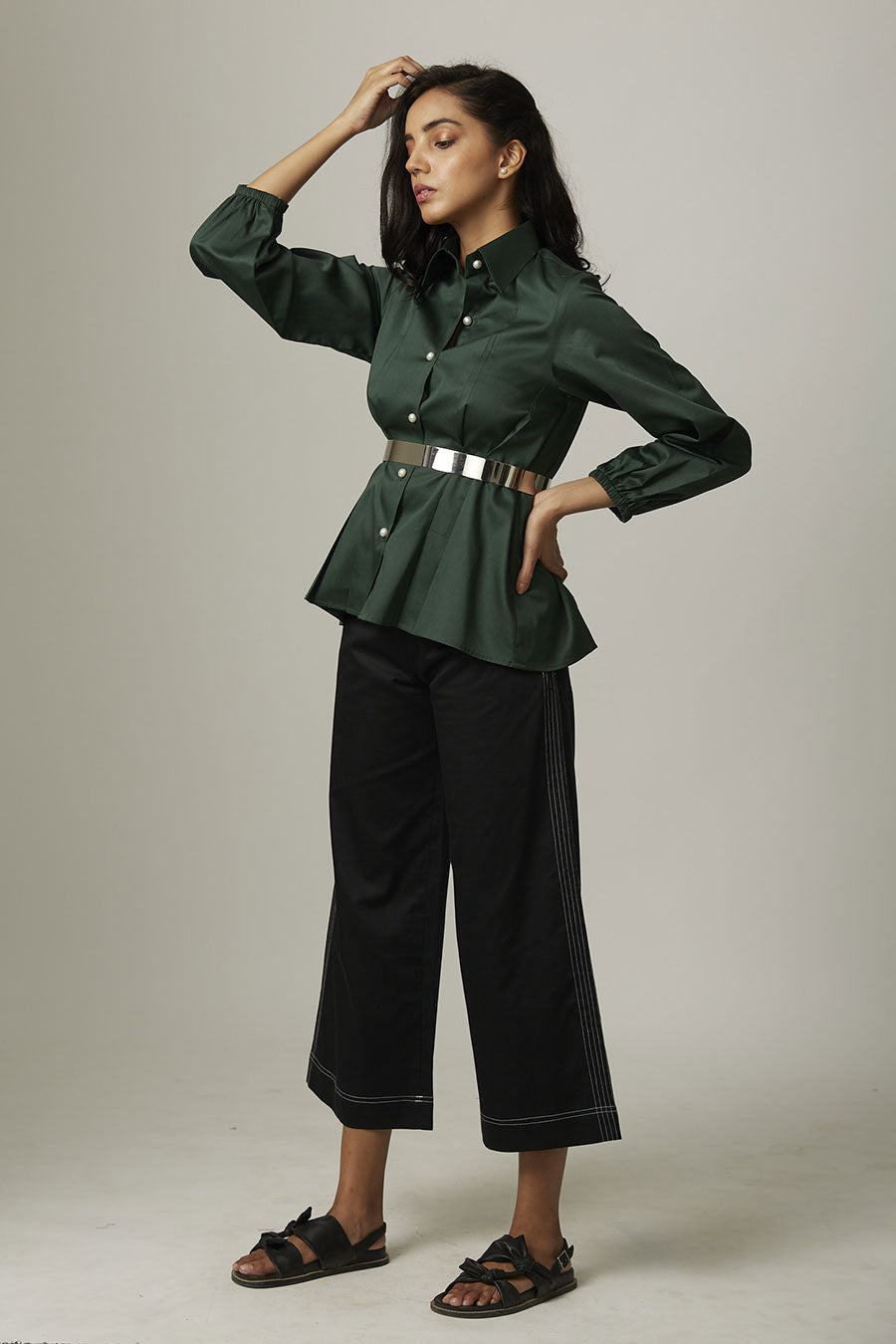 Green Tucked Waist Pearl Button Shirt