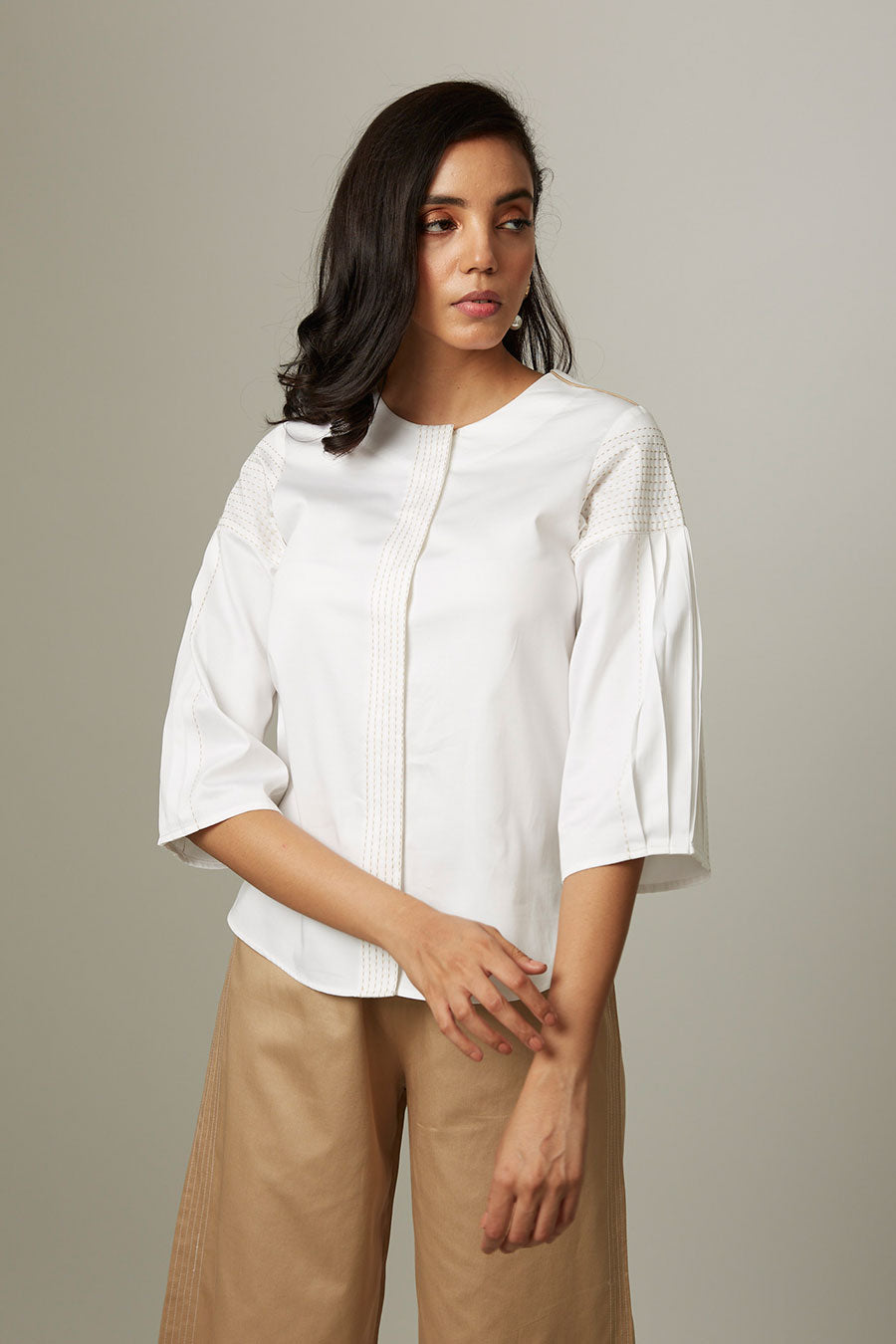 White Pleated Katha Stitch Shirt