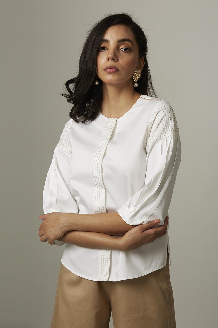 White Pleated Katha Stitch Shirt