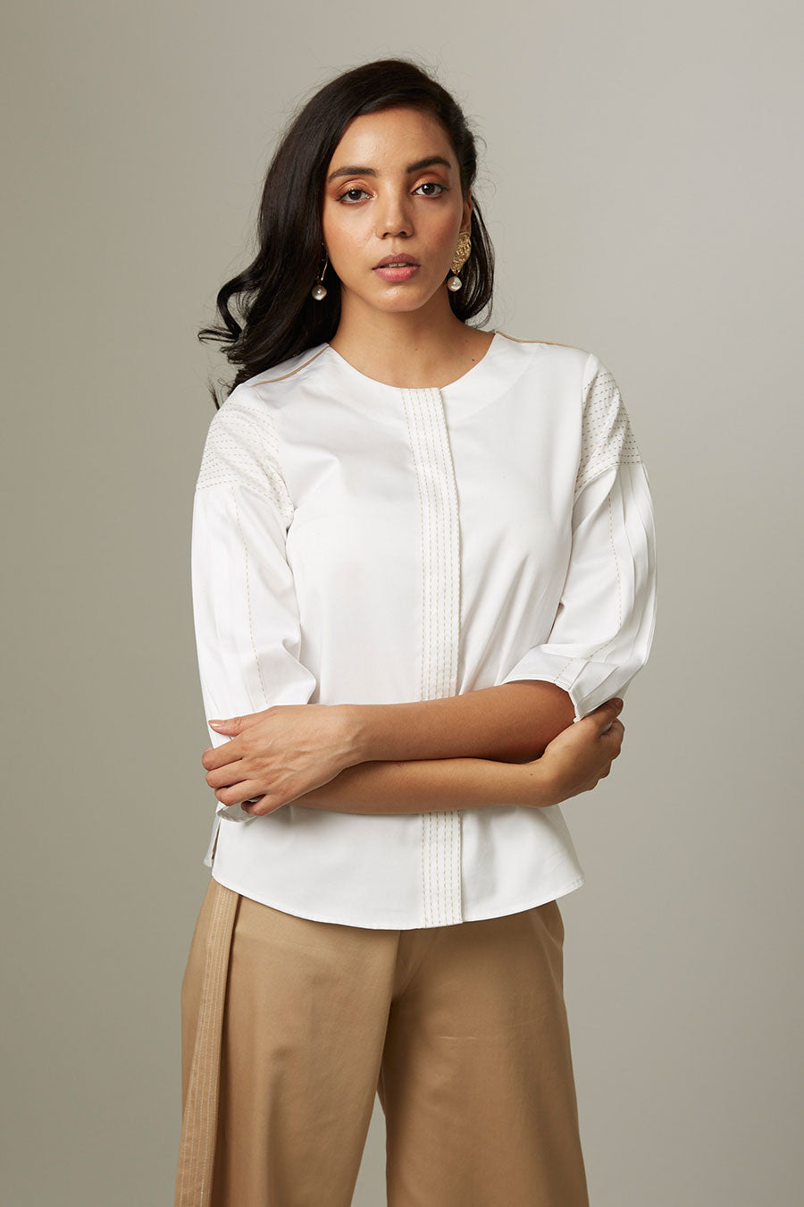 White Pleated Katha Stitch Shirt