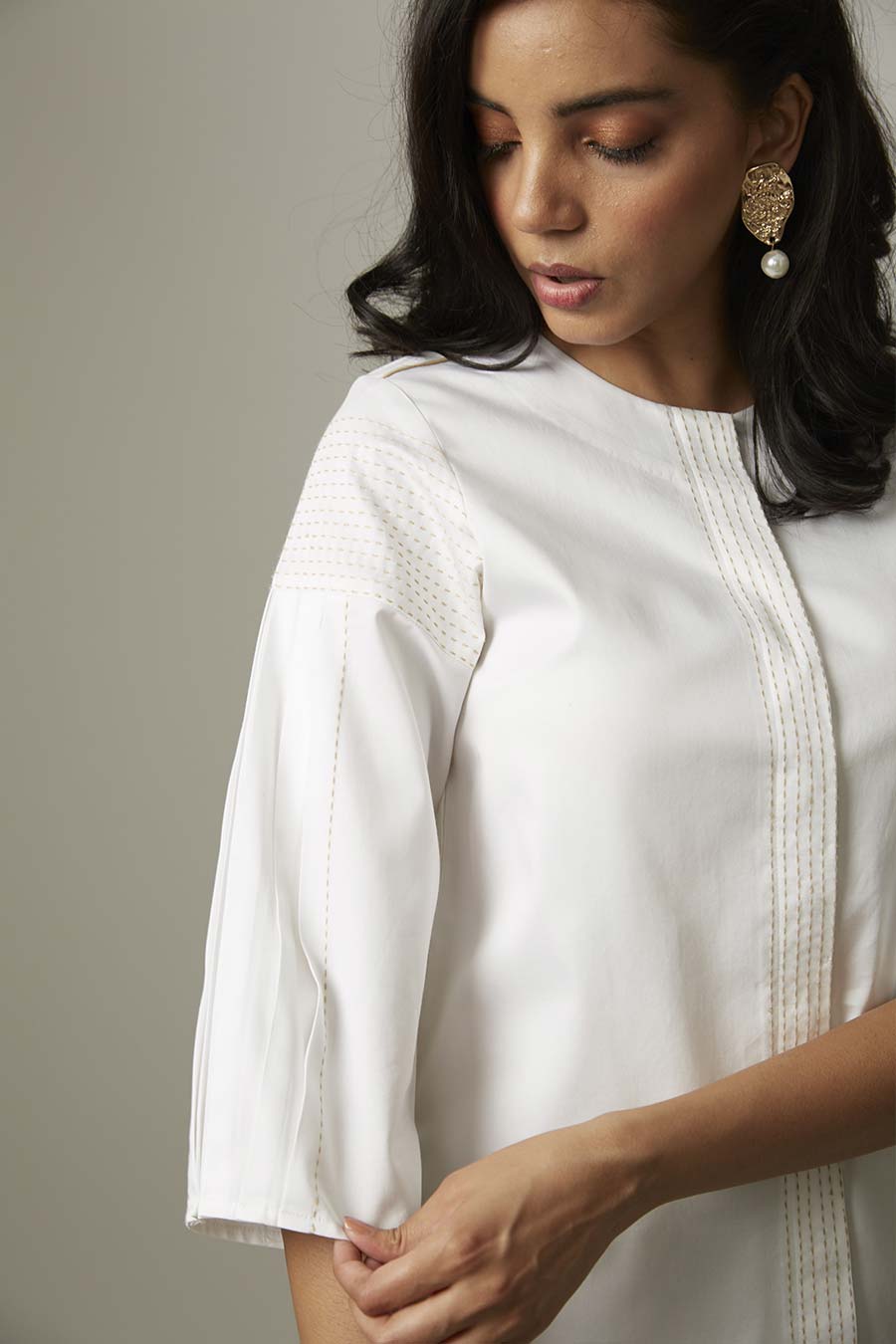 White Pleated Katha Stitch Shirt