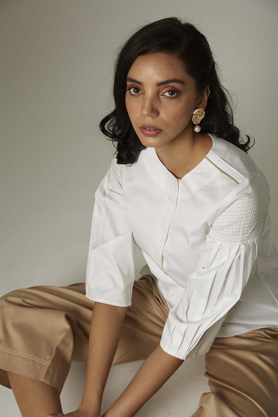 White Pleated Katha Stitch Shirt