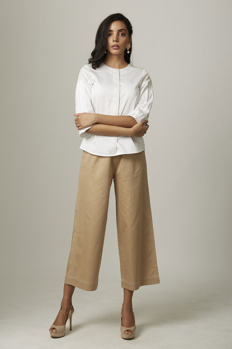 White Pleated Katha Stitch Shirt