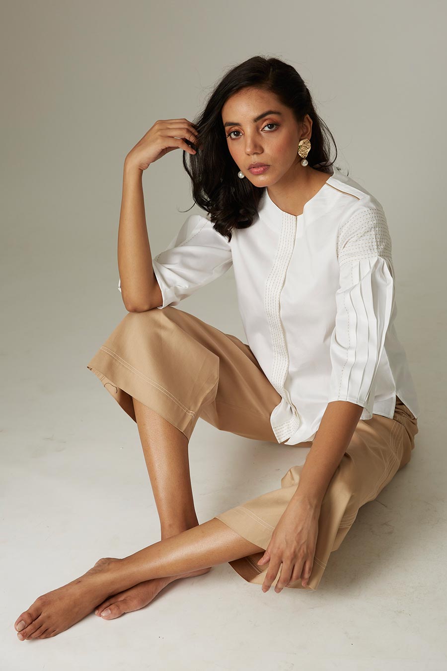 White Pleated Katha Stitch Shirt