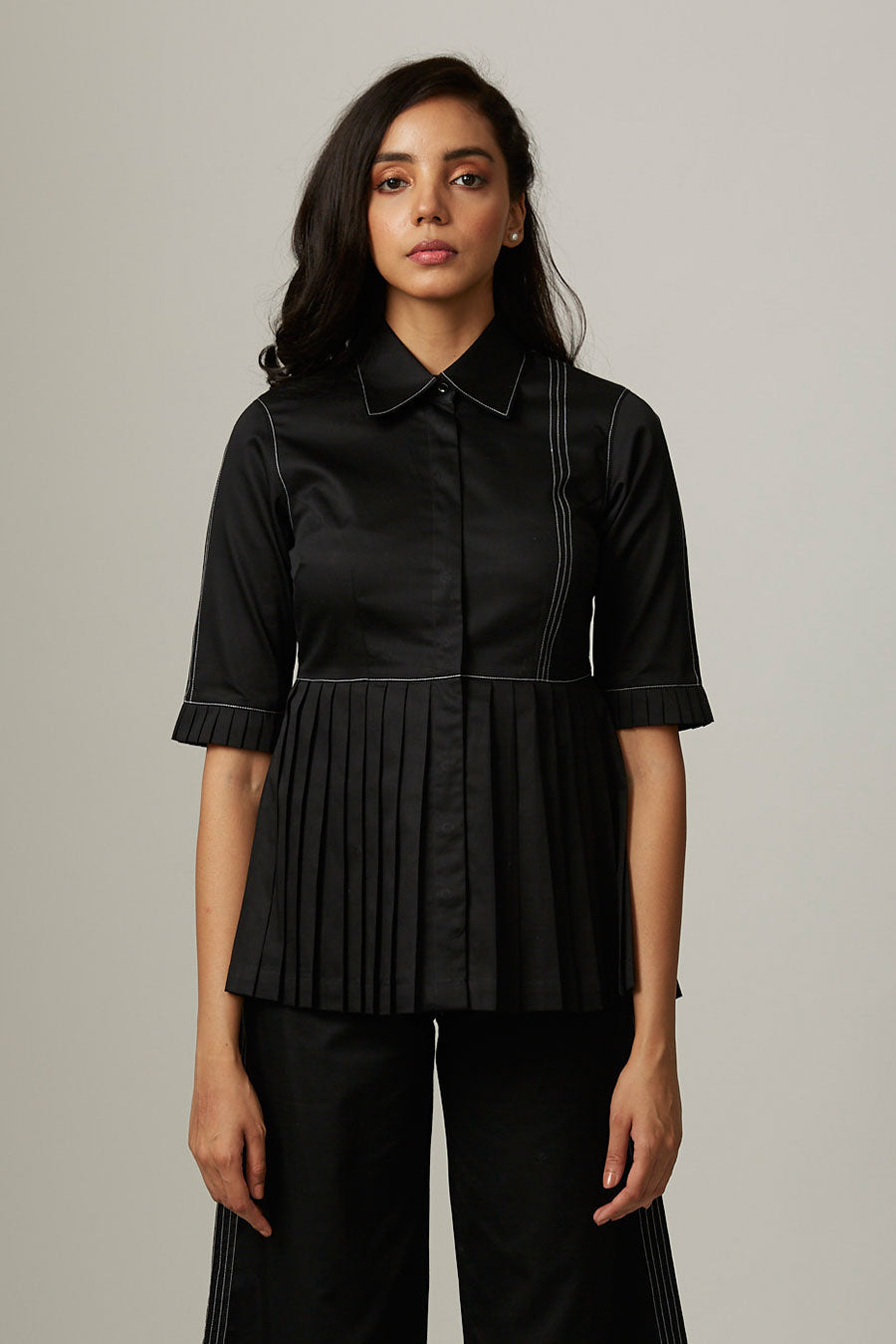 Black Pleated Katha Stitch Peplum Top