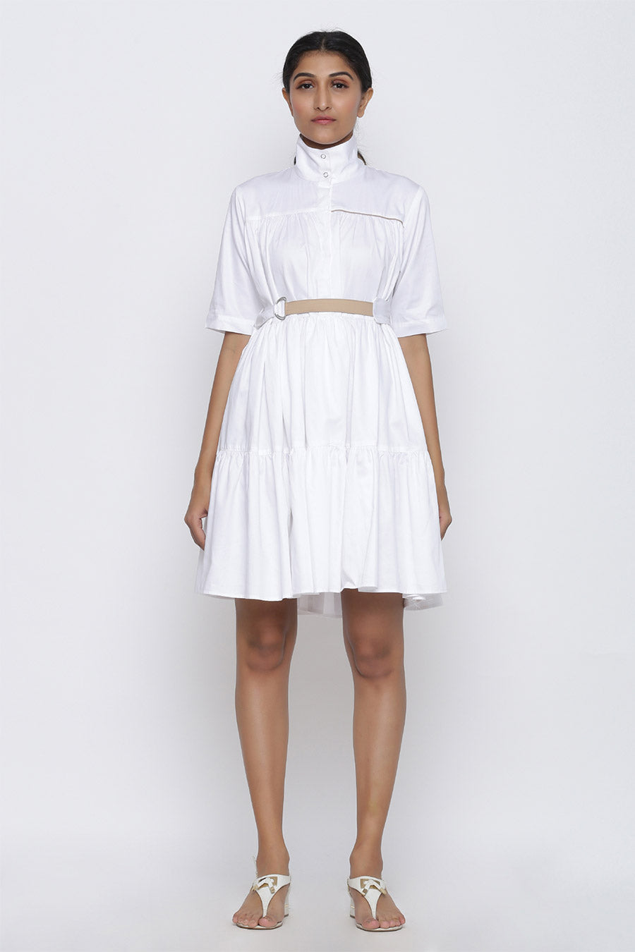 White 3-Tier Drama Dress With Belt