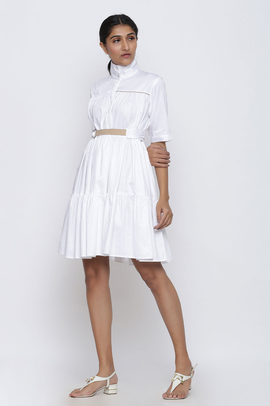 White 3-Tier Drama Dress With Belt