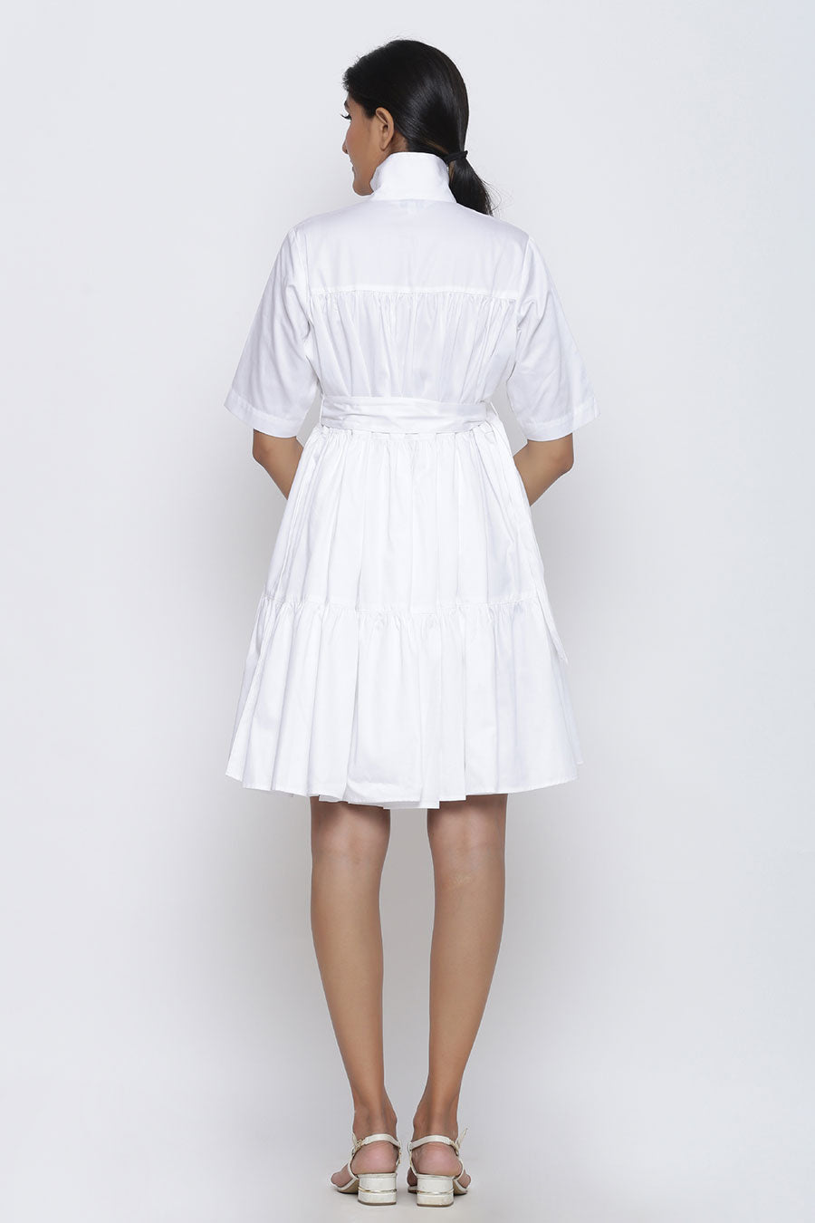 White 3-Tier Drama Dress With Belt