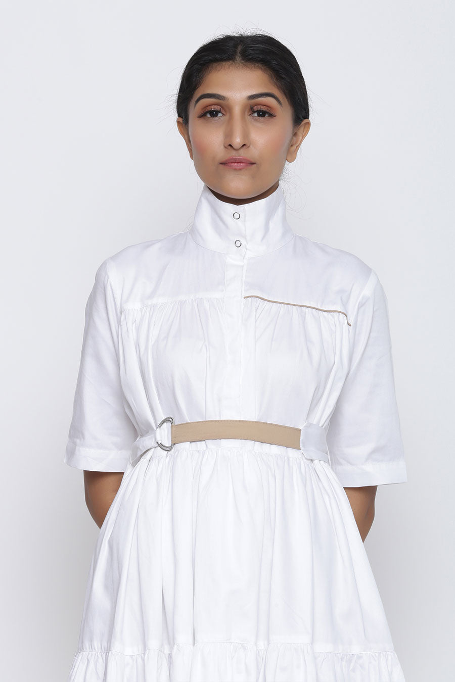 White 3-Tier Drama Dress With Belt