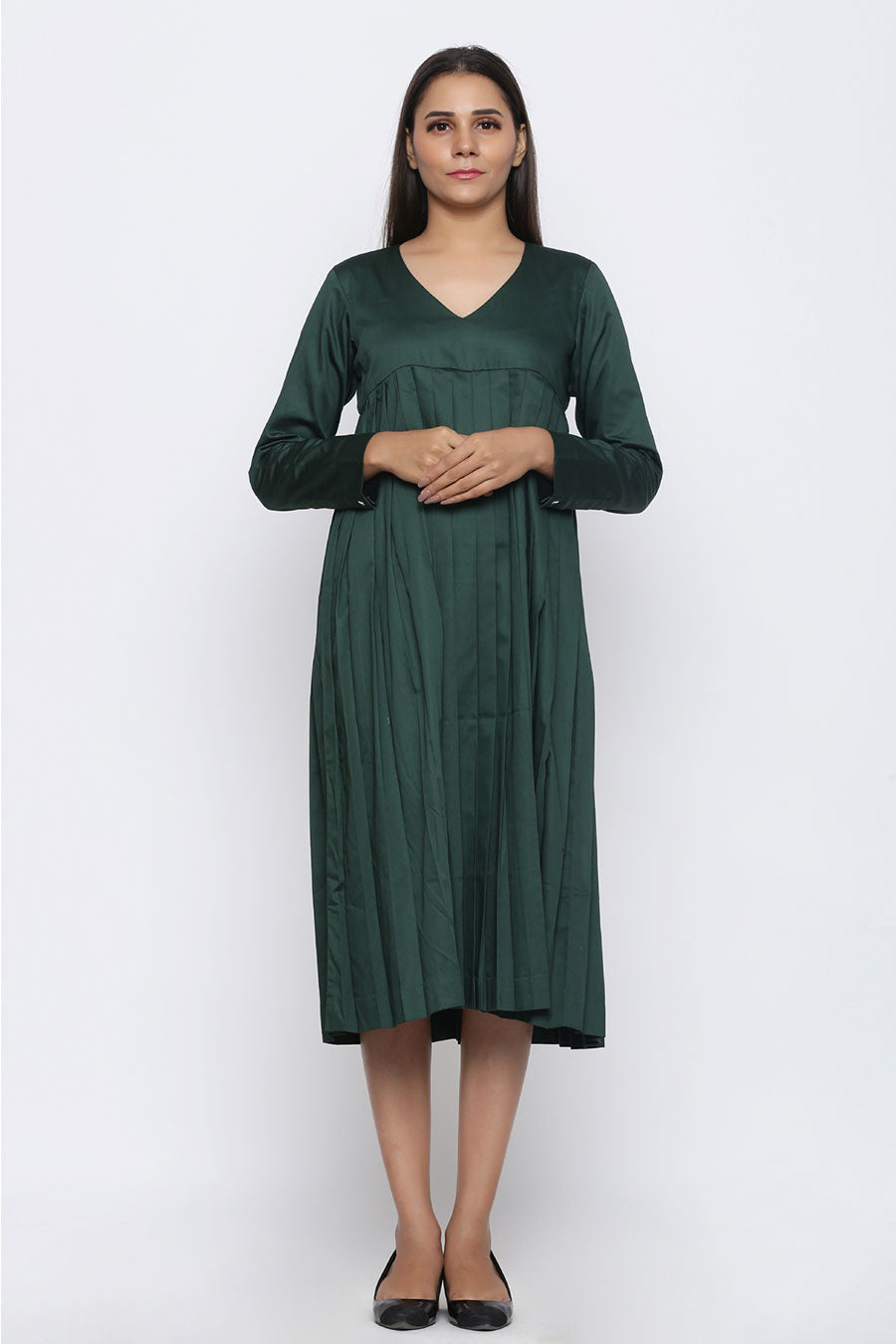Bottle Green Pleated Midi Dress