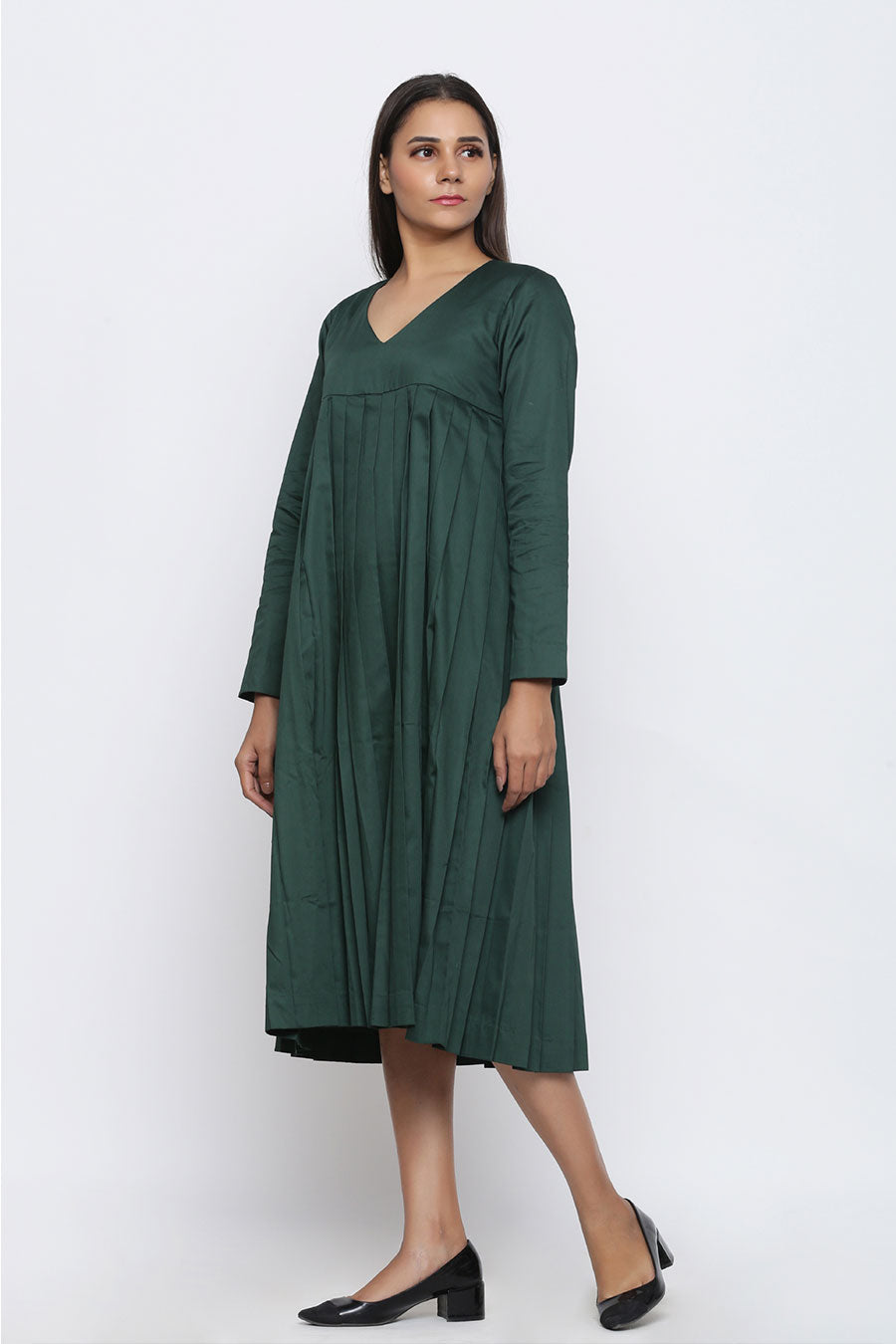 Bottle Green Pleated Midi Dress
