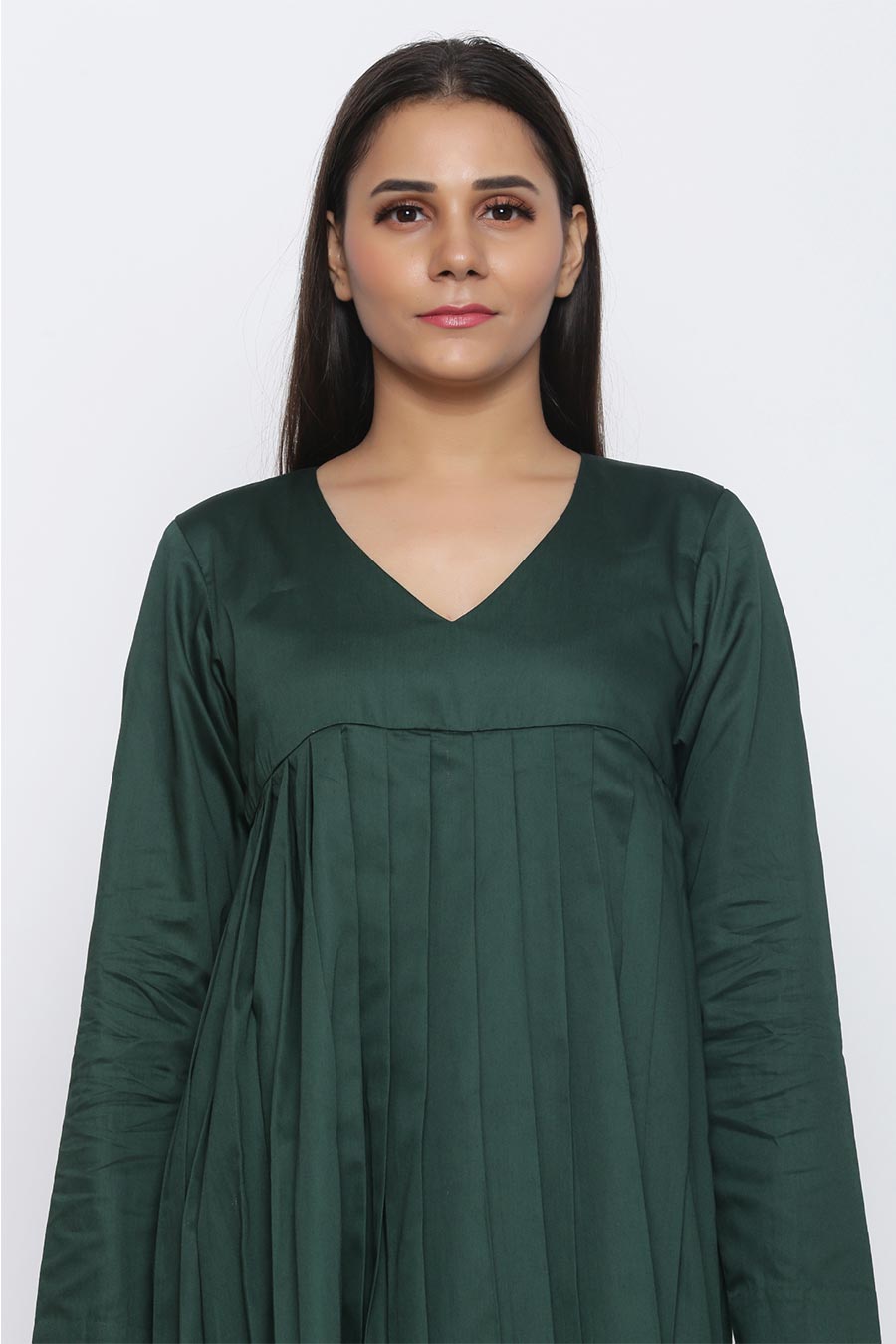 Bottle Green Pleated Midi Dress