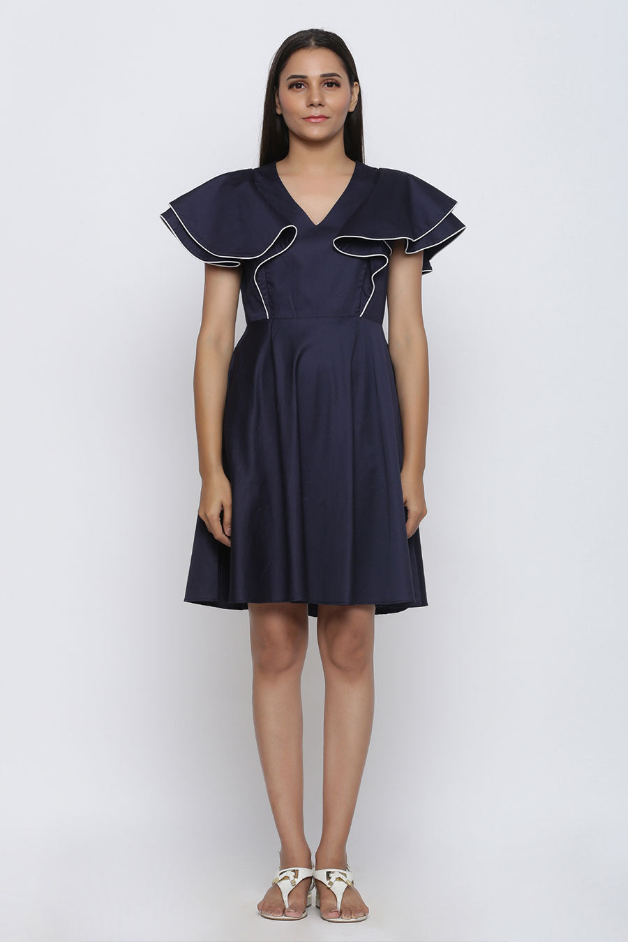 Navy Blue Circular Drama Flare Dress