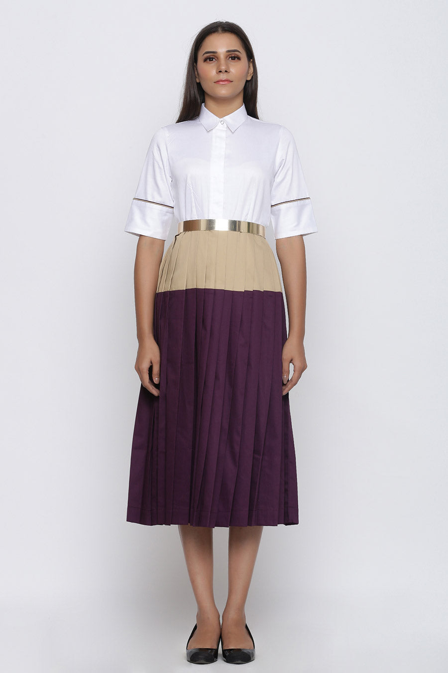 Color Block Pleated Midi Dress