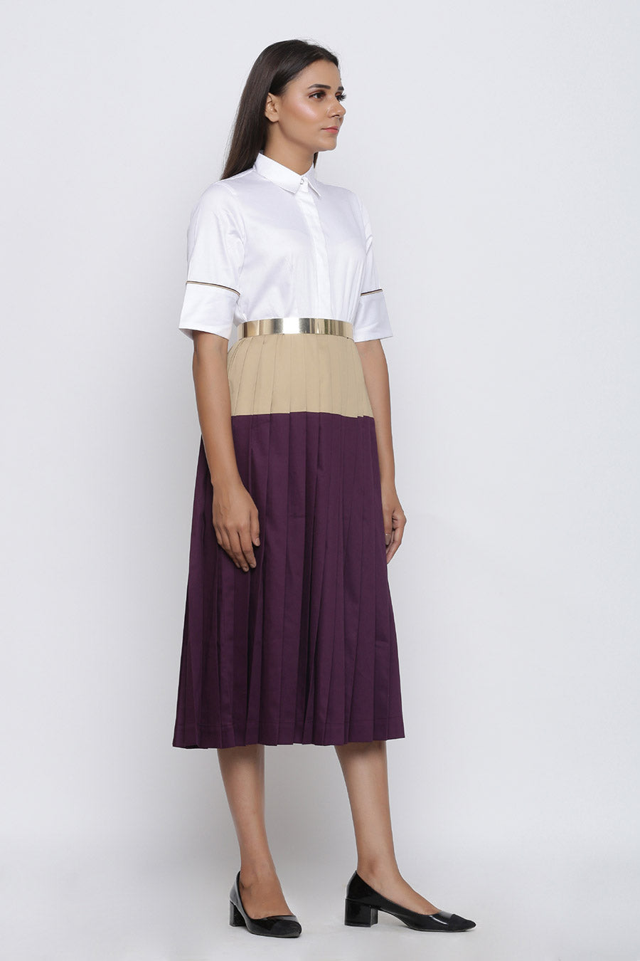 Color Block Pleated Midi Dress