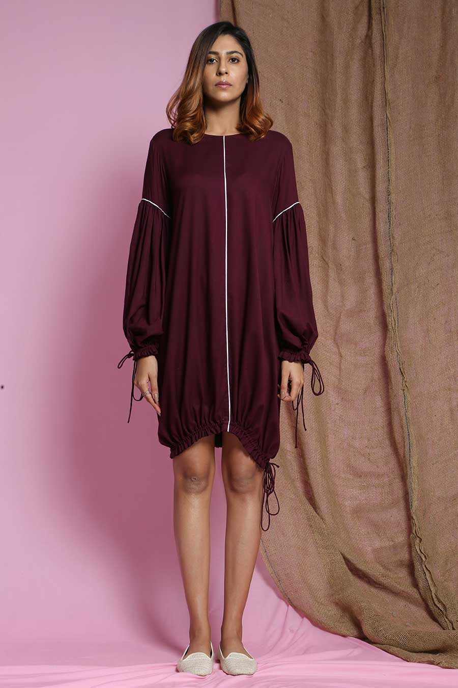 Wine Drawstring Bottom Baggy Dress