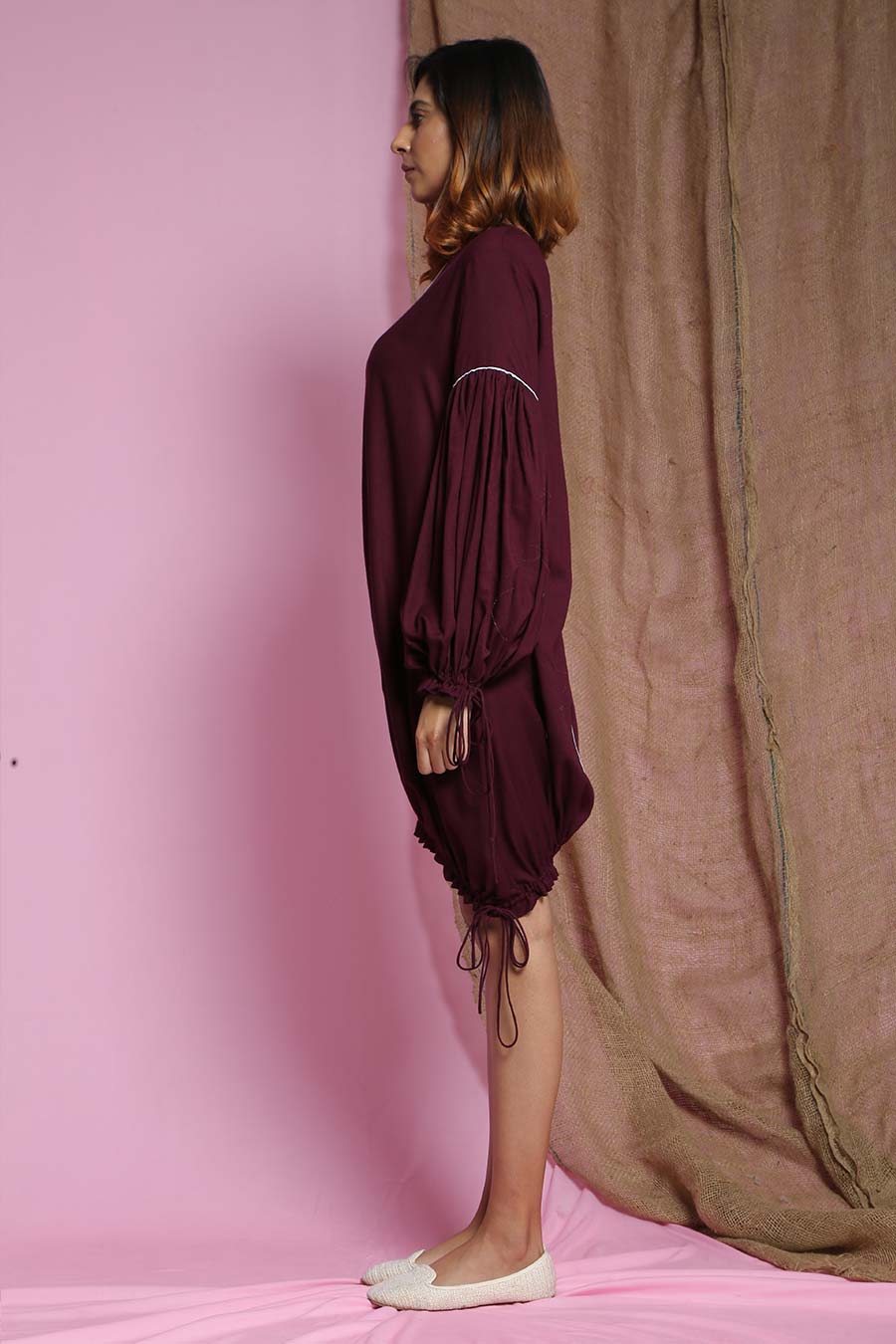 Wine Drawstring Bottom Baggy Dress