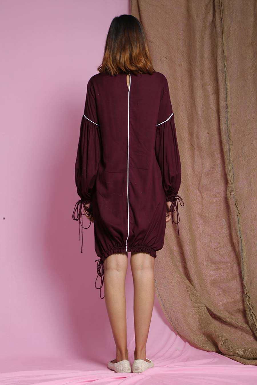Wine Drawstring Bottom Baggy Dress