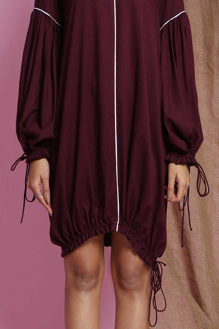 Wine Drawstring Bottom Baggy Dress
