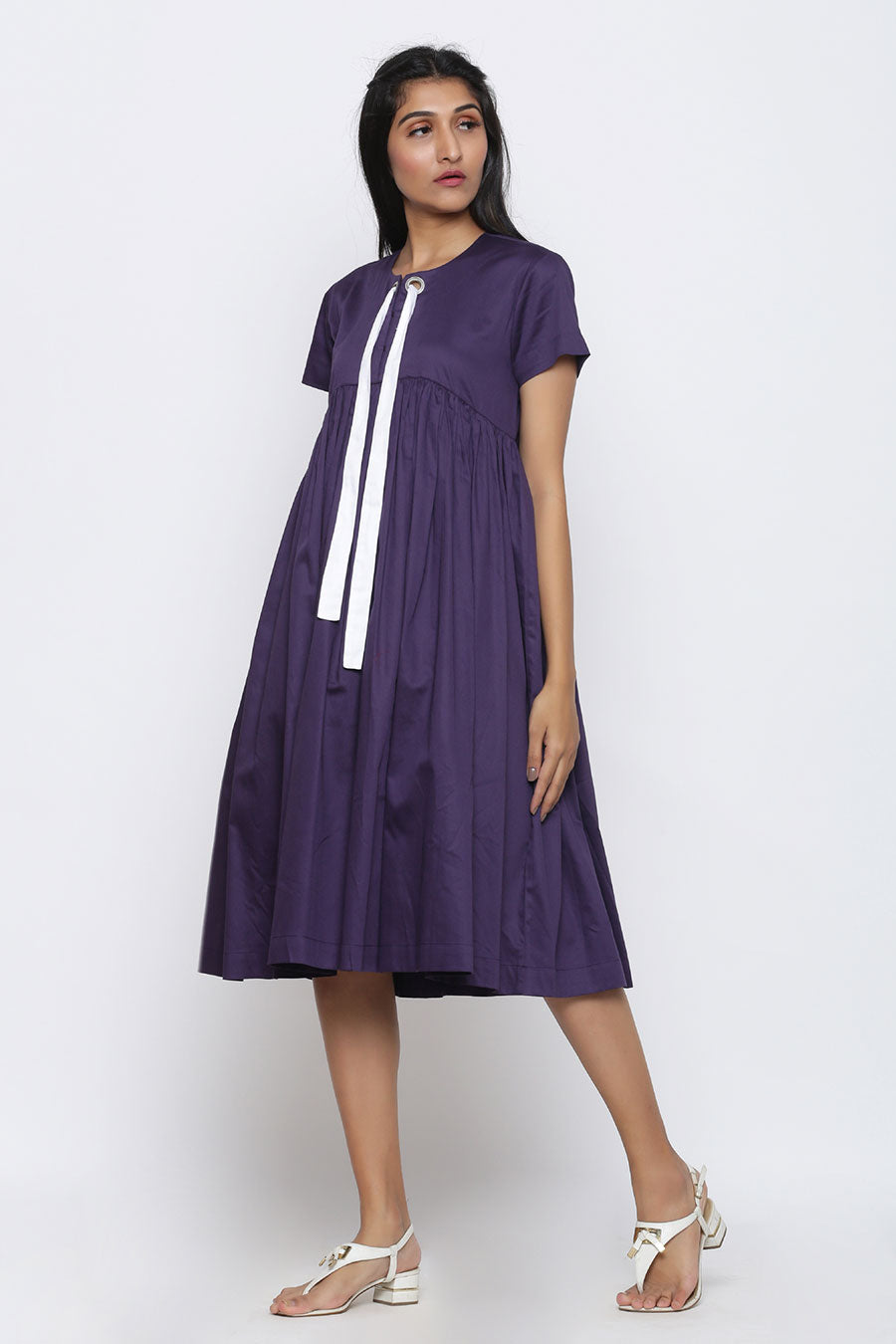 Purple Gathered Midi Dress